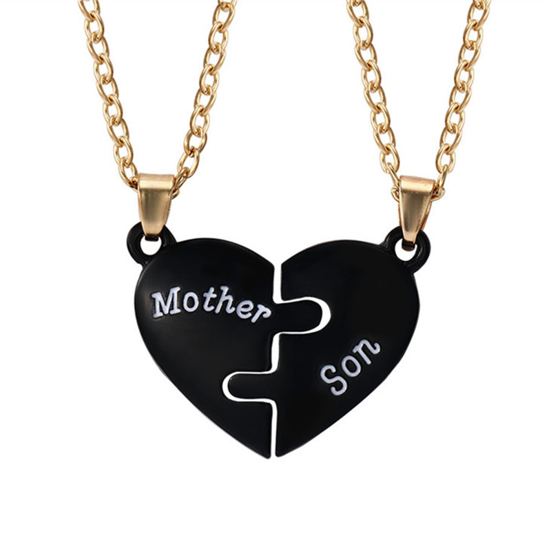 

2pcs/set Fashion Mother Son Letters Black Heart Pendant Woman Necklace Jewelry Designer South American Gold Plated Chain Womans Necklaces Mothers Day Gift