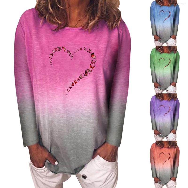 

Women's T Shirts Women Fashion Casual Round Neck Long Sleeve Printed T-Shirt Blouse Butterflys Combination Heart Solid Color Shirt, Purple