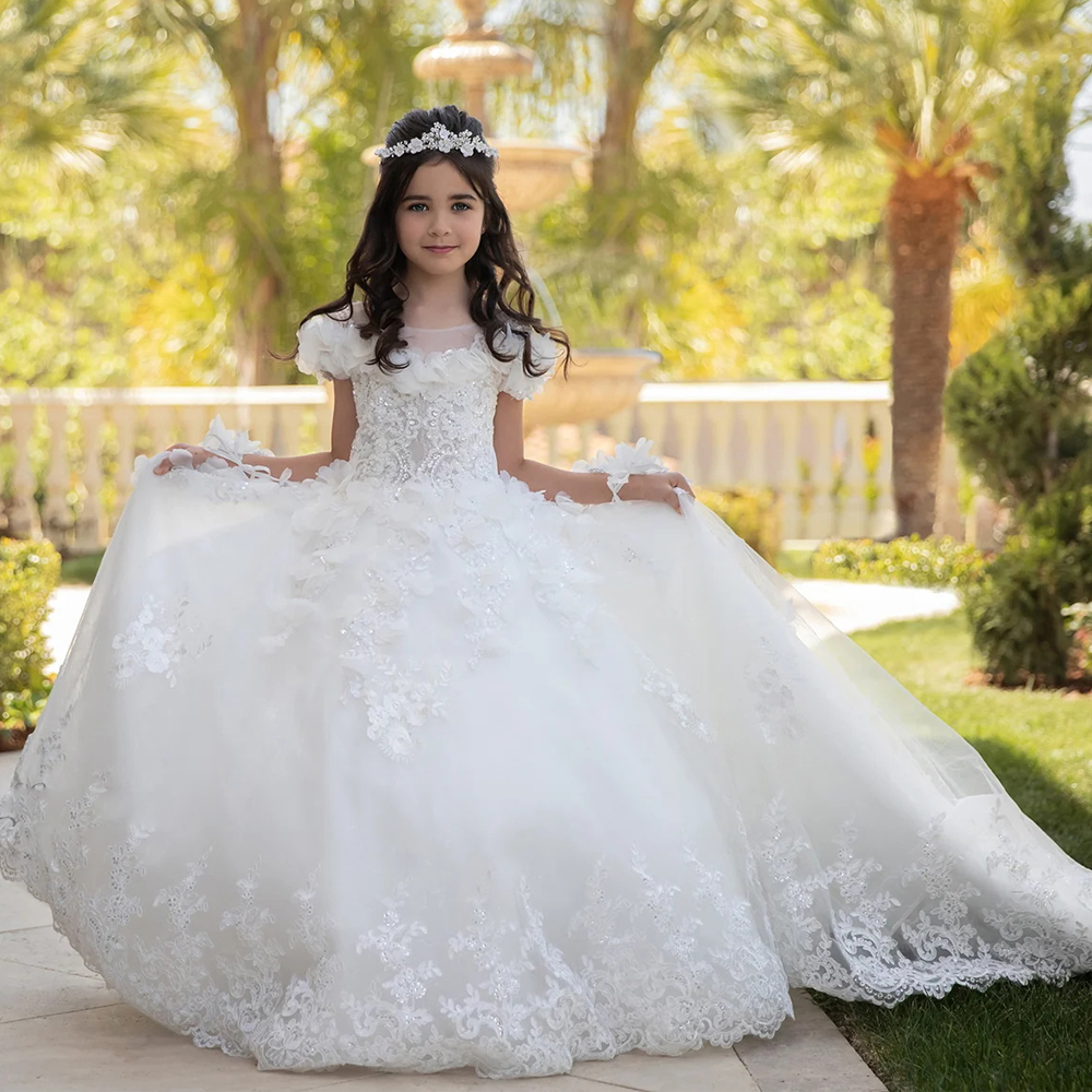 Classic White A Line Flower Girls Dresses Short Sleeve 3D Appliques Kids Formal Wear for Communion Occasion-image-850134122