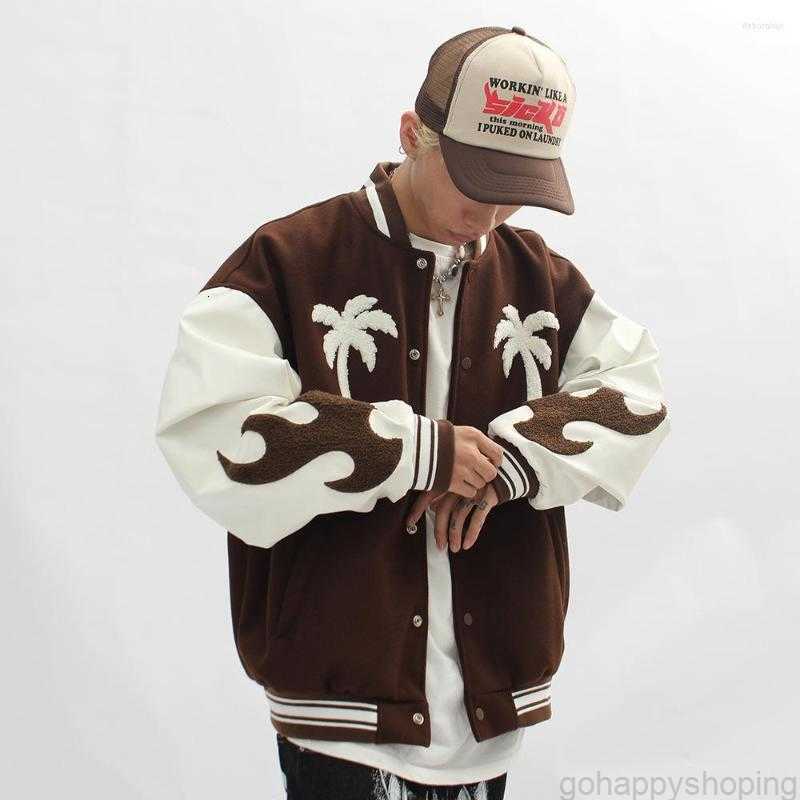 

Men's Jackets Fashion Bomber Jacket Brown Baseball Mens Hip Hop Embroid Winter Varsity Palm Tree Streetwear