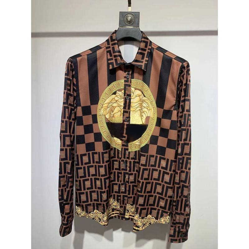 

fashion printed men casual shirt fd designer shirts Medusa silk Shirt Hawaiian loose thin jacket mens long sleeved Shirts, No.4