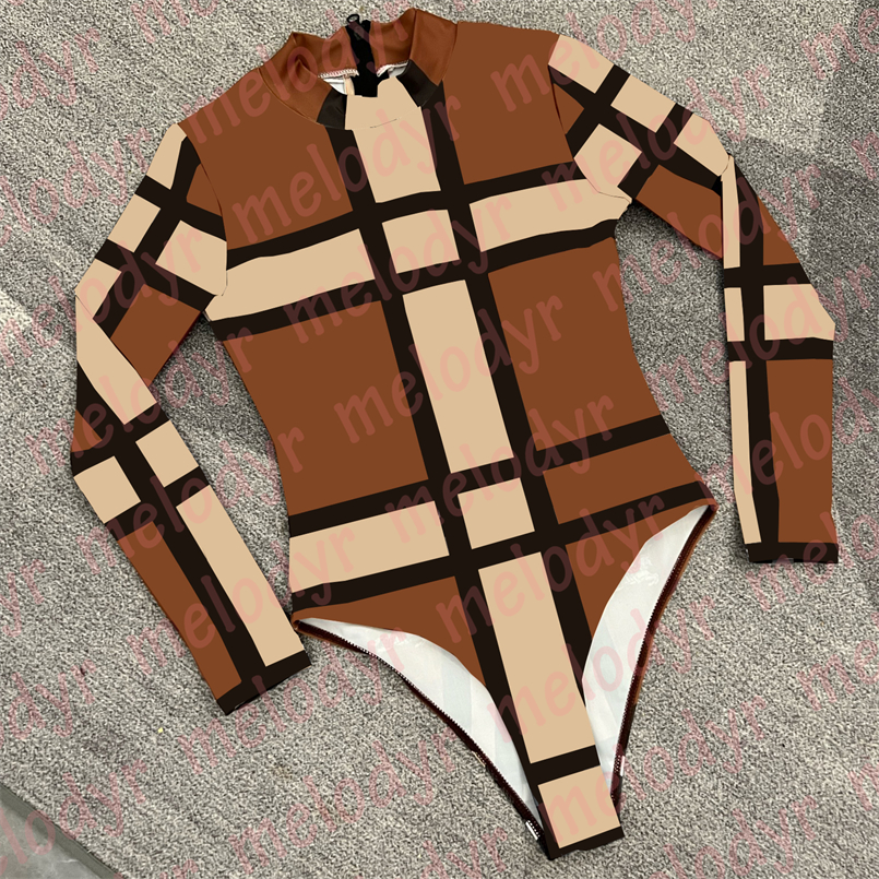 

Fashion Brand Swimwear Long Sleeve One Piece Swimsuit Plaid Print Women Bodysuit Swimwear, Brown