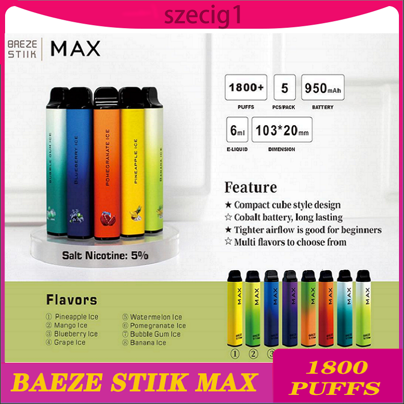 

Original Breze Stiik Max Mega E Cigarettes 2% 5%Disposable Vapes Pen Puff 1800 2200 Puffs Device 8 14Colors 950mah 6ML Strater Kits Vapoer vapors ecigs vs flex