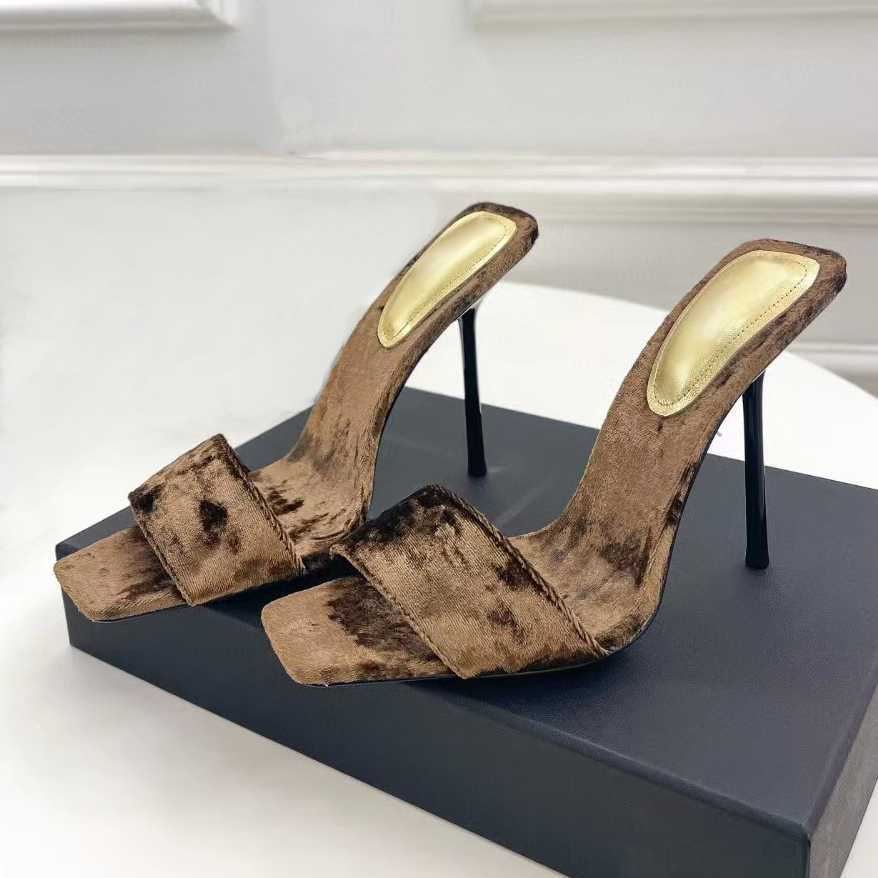 

Designer Women Summer Lace Velvet Slippers Square Stiletto Heel Dress Shoes Sexy Fashion High Heels 11.5cm Women's Sandals factory footwear Large 35-43With box, Dark brown