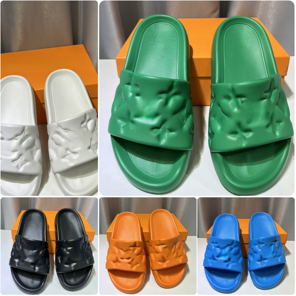 

Waterfront Embossed Beach Sandals: Boxed Mule Sneakers for Men and Women - White/Orange/Black/Green/Olive, Sizes 35-46, Blue