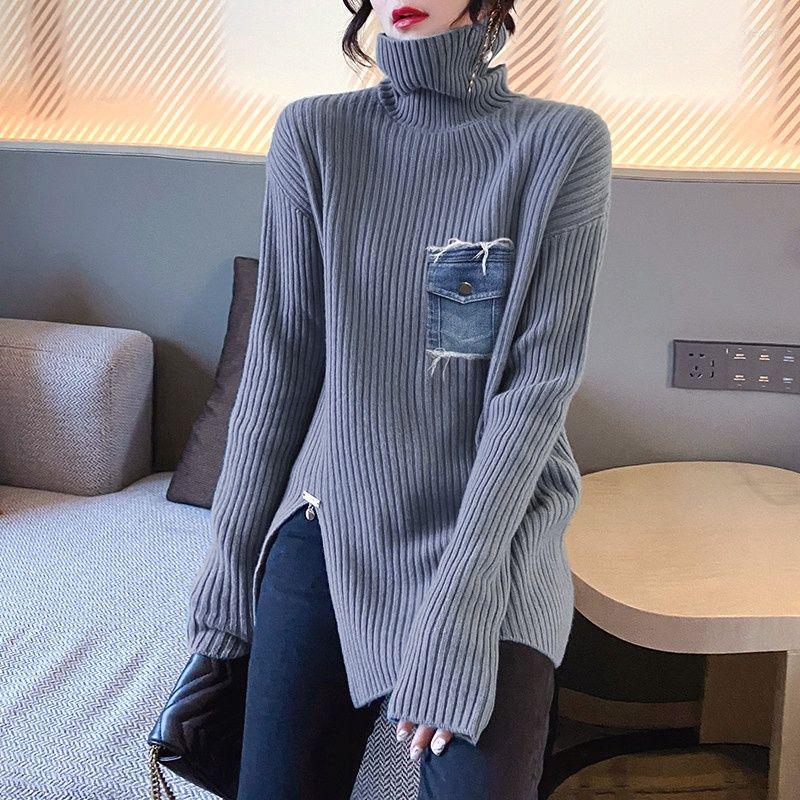 

Women's Sweaters ZCSMLL Fashion Product 2023 Gray Split Mid Length Autumn And Winter Splicing High Neck Knitted Sweater For Women, As shown