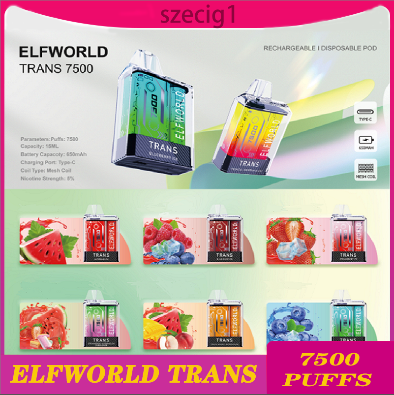 

Original Elfworld Trans 7500 Puffs E Cigarettes Disposable Box Vape Pen 650mAh Rechargeable 15ml Refilled Reuse Cartridges Mesh Coil Vapes Pod Bar Vaporizer