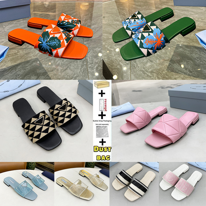 

Black Beige Embroidered Fabric Slides Slippers Multicolor Embroidery Mules For Woman Home Flip Flops Sandals Leather Flat Slide Rubber Sole Summer Beach size 35-42