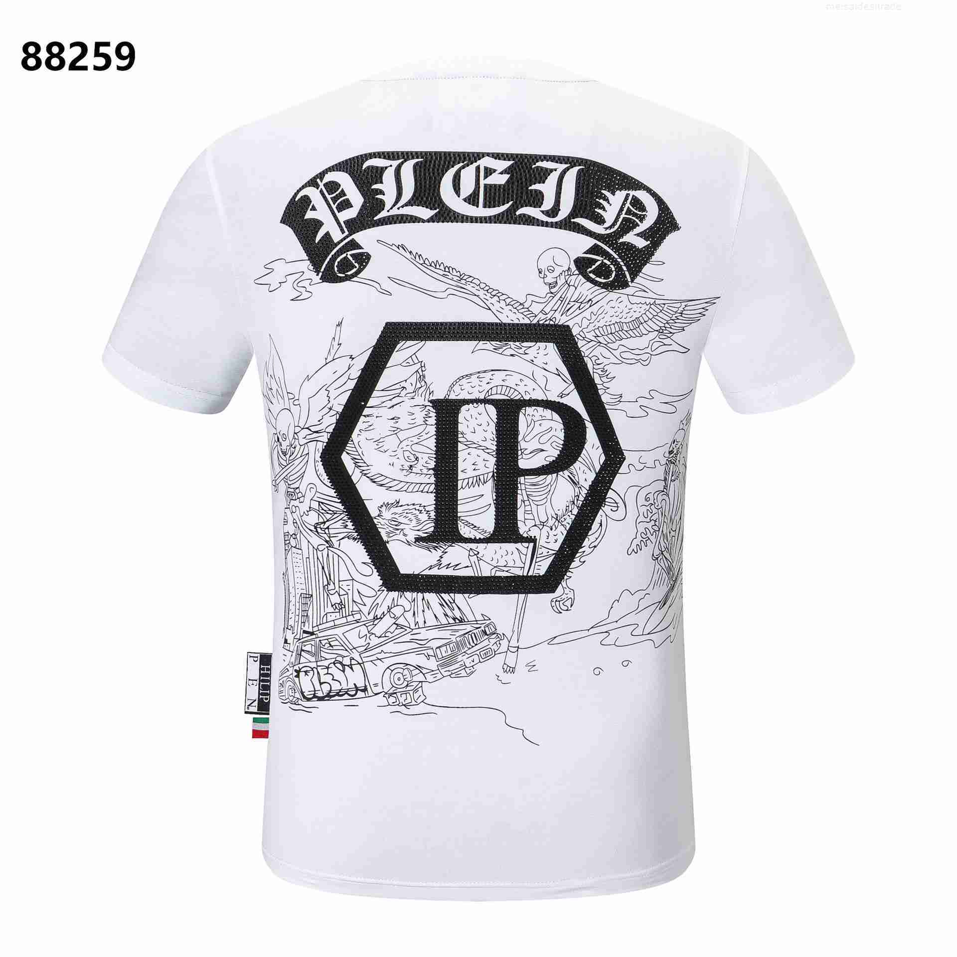 

Luxury Philippuep lein Philip Plaine Spring Summer Sleeve Round Neck Domineering Personality Diamond Printing Pp Casual Men's ShoIYGO, White
