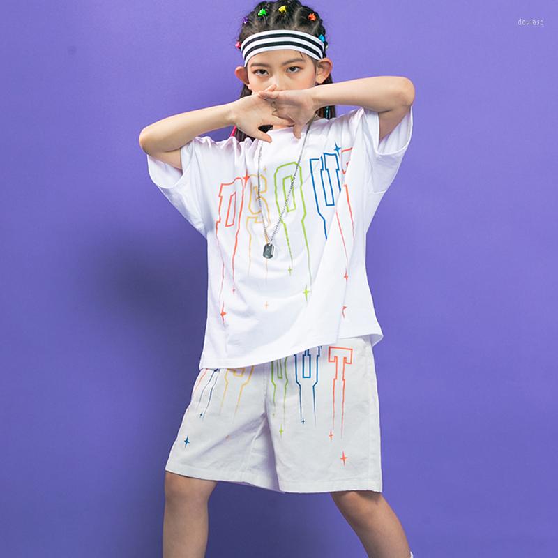 

Stage Wear Chidlren Jazz Dance Costumes White Loose Short Sleeved Shorts Hiphop Outfits Girls Ballroom Hip Hop Rave Clothes DQS9228, Top and shorts