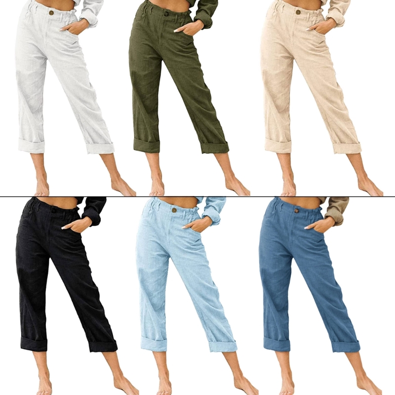 

Women Casual Fashion Cotton Linen Capri Trousers Button Front Elastic Waist Wide Leg Pants Comfortable Solid Color Pants, Apricot