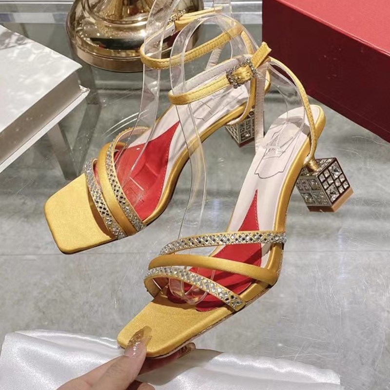 

Square Head Crystal High Heel Sandals Women Big Square Buckle Suede Sandals Summer Ladies Runway Party Dress Shoes35-40 size 4.5CM, Red box