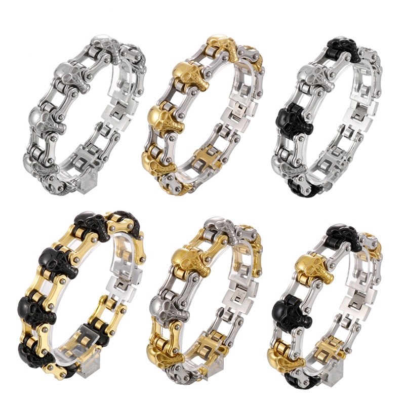 

23mm Punk Men Vintage Black Skull Link Bracelet Hiphop Gold Silver Black Plate 316L Stainless Steel Biker Bicycle Bike Chain Bracelets Jewelry