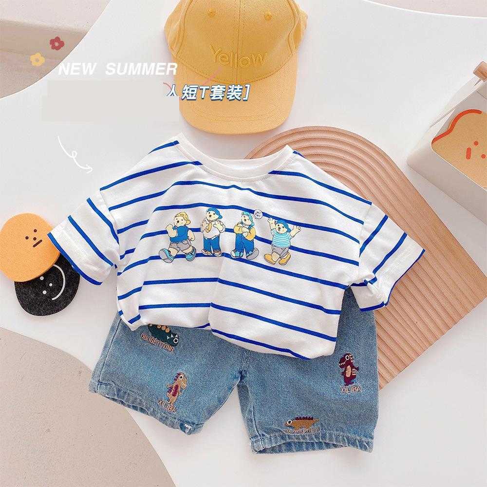 

Clothing Sets Summer Outfits Stripe Tshirts Cartoon Bear Print Short Sleeve TopsShorts Kids Casual Fashion Cotton Cute Twopiece Suits P, P1