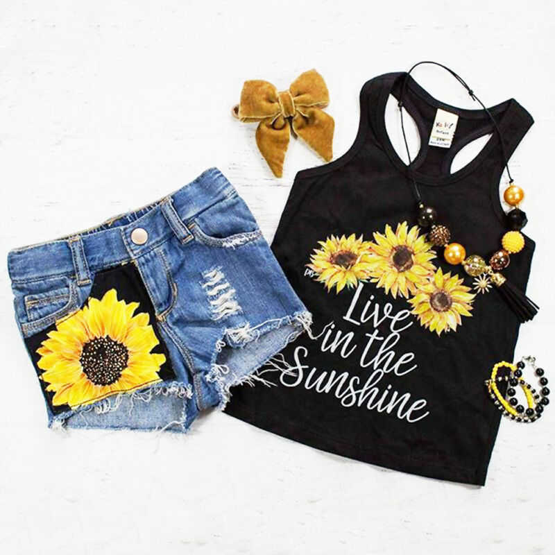 

Clothing Sets Sunflower Toddler Baby Girl Clothes Set Sleeveless letter Vest Tank Top Denim Short Pants Summer Outfits Set Children Clothes P, Black