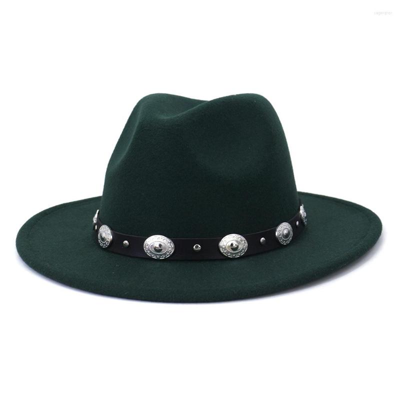 

Berets Wide Brim Plain Women Men Imitate Wool Black Green Panama Fedora Hats With Metal Belt Goth Top Vintage Party Wedding Jazz Hat, Wine red