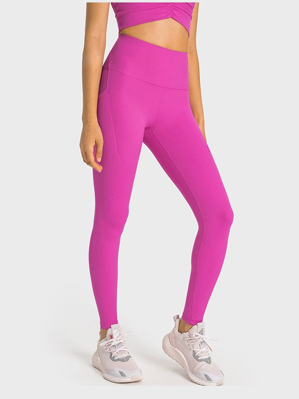 

LL Women Yoga Leggings Push Fitness Full Length Soft High Waist Side Pocket Hip Lift Elastic Casual Jogging Pants 7 Colors, #5 earthy yellow