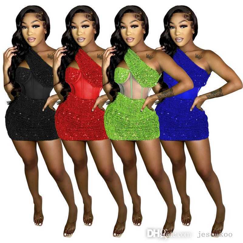 

2023 Designer Womens Irregular Dresses Mini Skirt Sexy Diagonal Collar Sequin Splicing Mesh Buttock Party Dress Nightclub, Blue