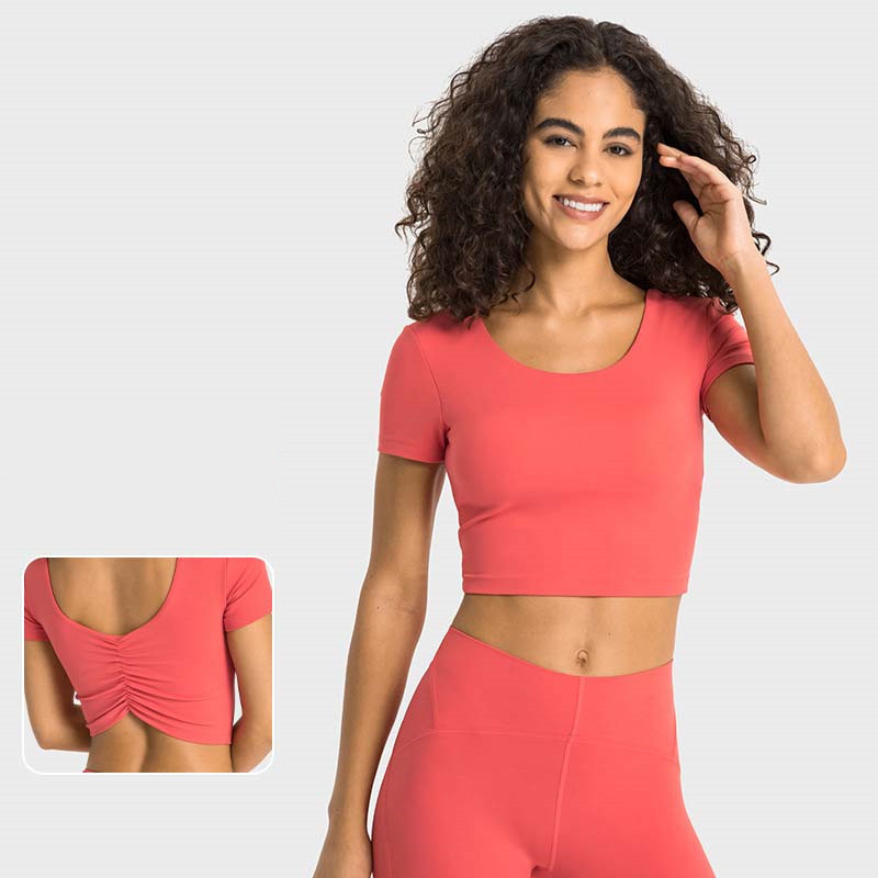 

Women's Yoga Sports Short Sleeve Tee Crop Top With Pads T-shirt Crew Neck Fitness Sportwear Solid Color Gym Wear, Chocolate