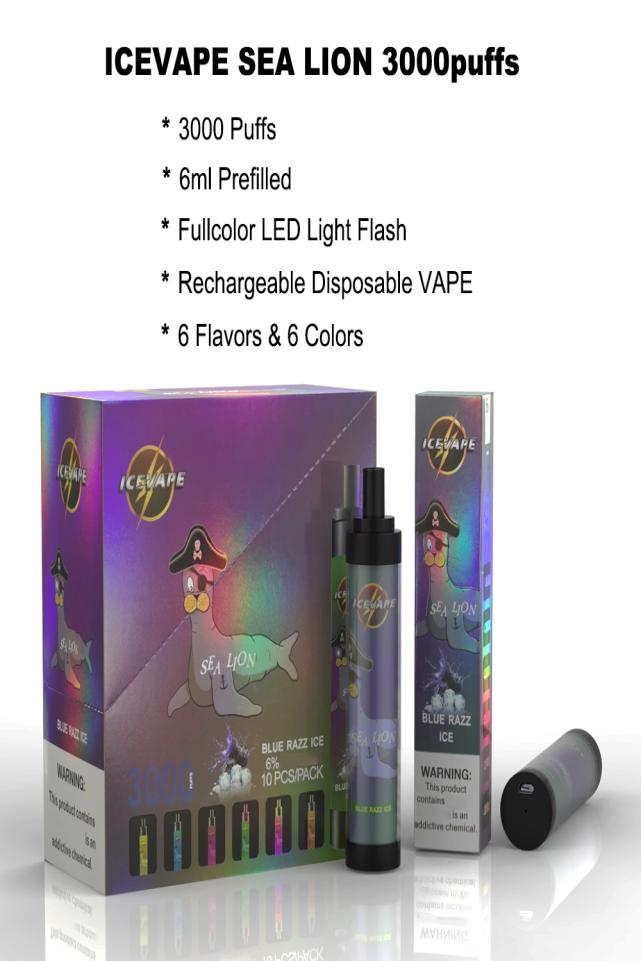 

new original disposable vape 3000 puffs 6 flavors e cigarette 6 6ml prefilled pods rechargeable vapes icevape sea lion kit with 9219656