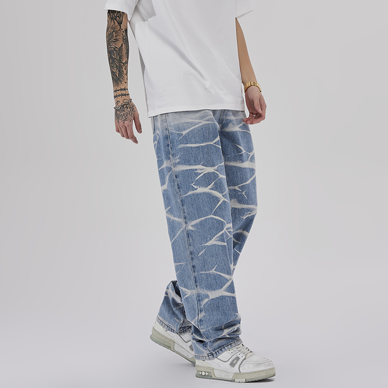 

Pants Tie Dye Washed Blue Jeans for Men Straight Baggy Casual Cargo Unisex Denim Trousers