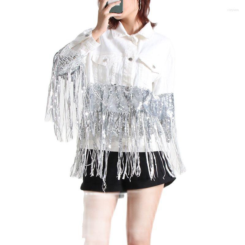 

Women's Jackets Women's Korean Version Design Sense Loose Ripped Long Sleeve Jacket Heavy Sequin Fringe Denim Coat, White