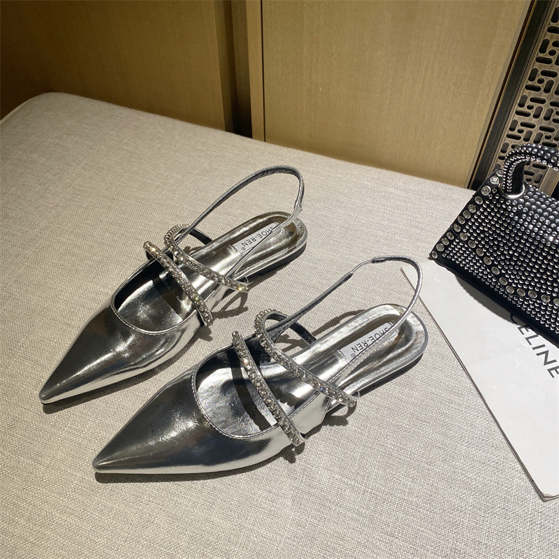 

Summer Women's Sandals Rhinestone Pointed Toes French Style Flat Shoes, Black