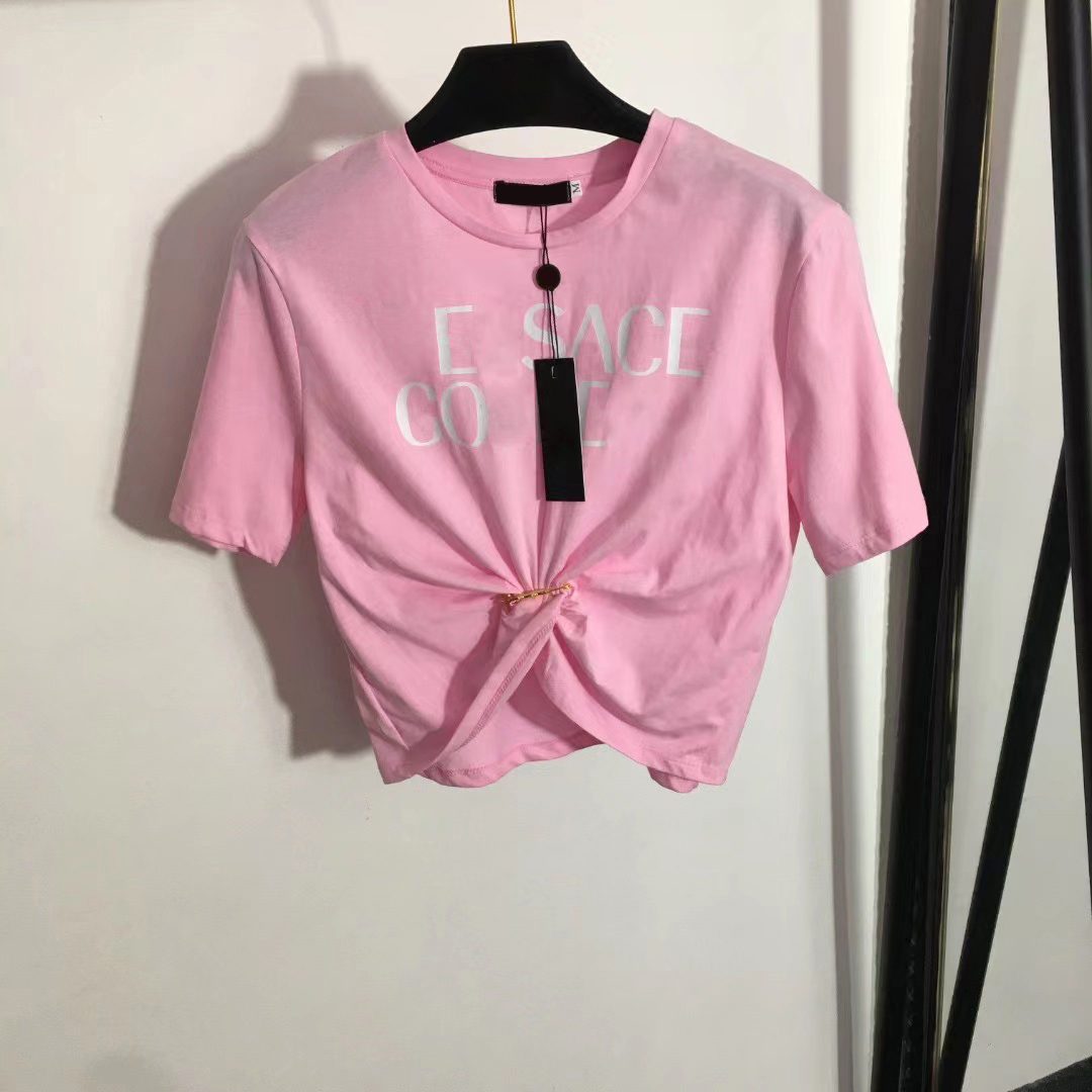 

2023 Designers T-shirts Women Tees Apparel Casual Chest Letter Shirt Luxurys Streets Short Sleeve Tops Clothes Pin Retraction Waist Short Style Crop pink Black SML