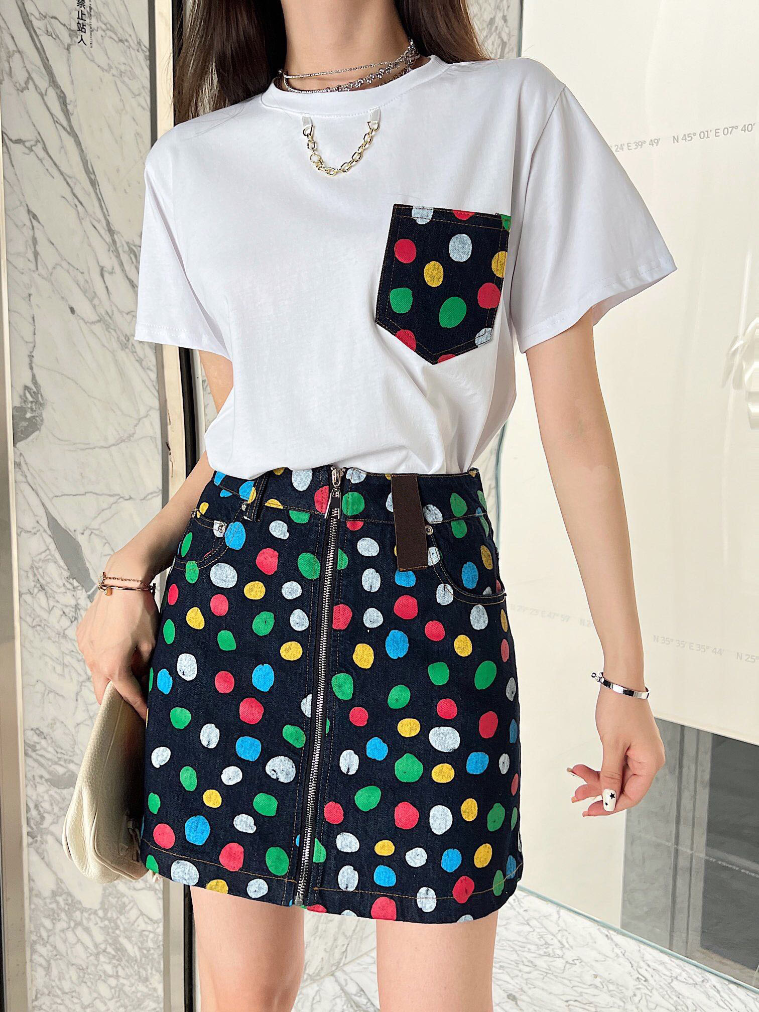 

2023 Two Piece Dress Fashion Runway Women's Two Piece dot Print Skirt Suit O-neck Short Sleeve T-Shirt Top With High Waist Skirt Set Outfit Tracksuit, White