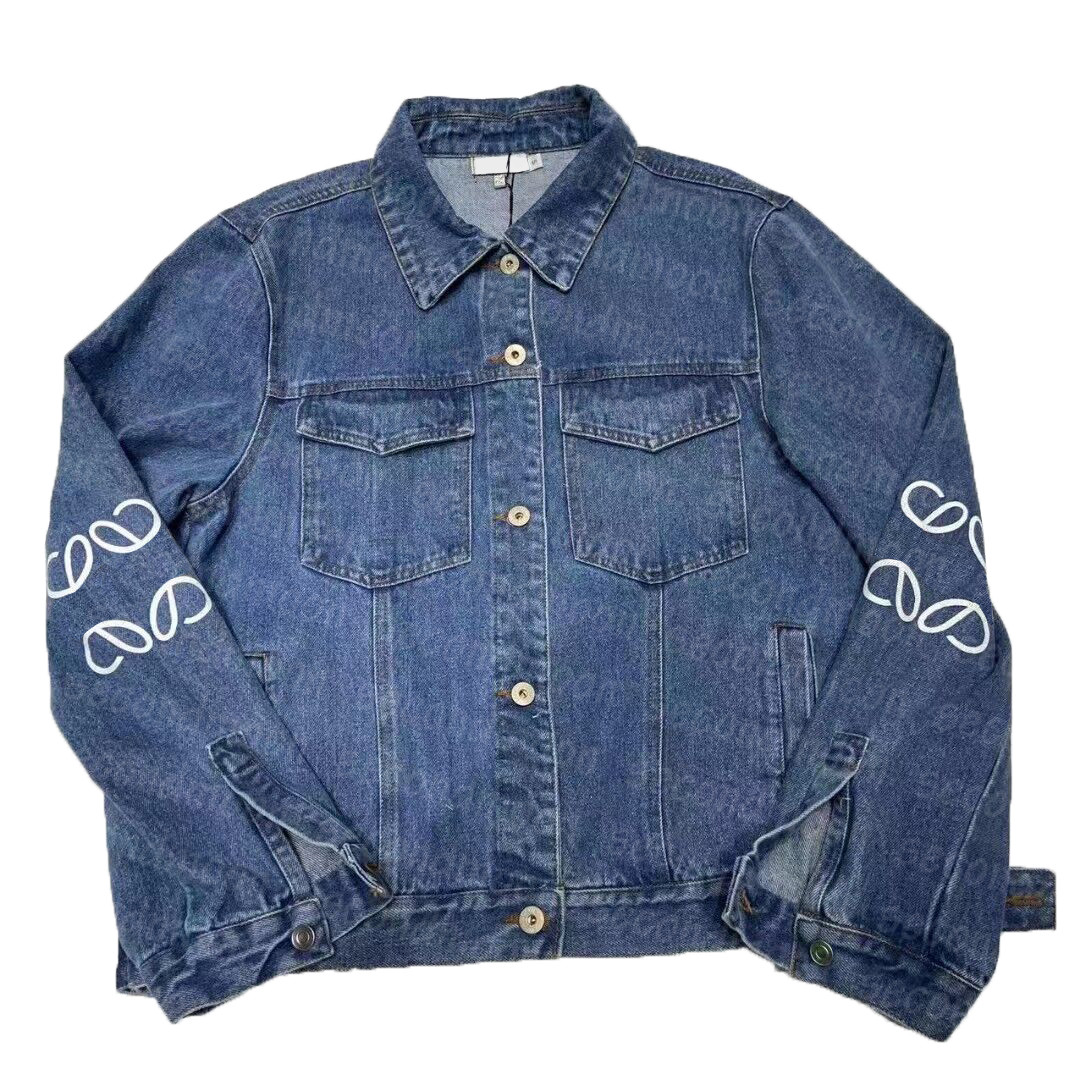 

Women Denim Jacket Letter Print Sleeve Jackets Lapel Neck Blue Jacket Spring Summer Casual Coat
