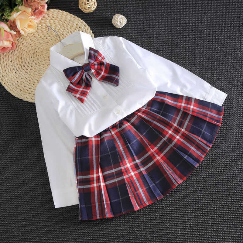 

Clothing Sets Spring Summer Girl Suit Casual Clothing Autumn British Style Pure White Shirt Plaid Skirt Bow Children'S School Uniform P, Beige