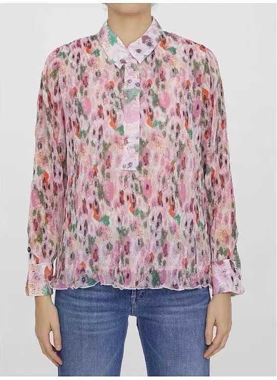 

23ss Women Designer Shirt Hawaii Beach Shirt Flower Print Pleated Lapel Long-sleeved Shirt Women, Pink2
