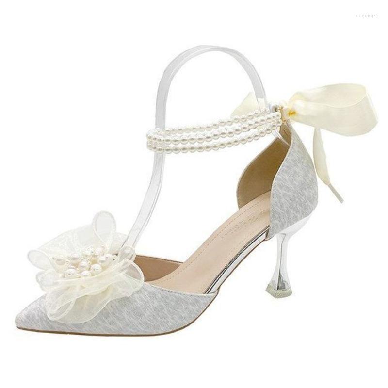 

Dress Shoes Rhinestone Pointed High Heels 2023 White Wedding Thin Heel Shallow Mouth Bow Wrapped Single, Thin heel 5cm