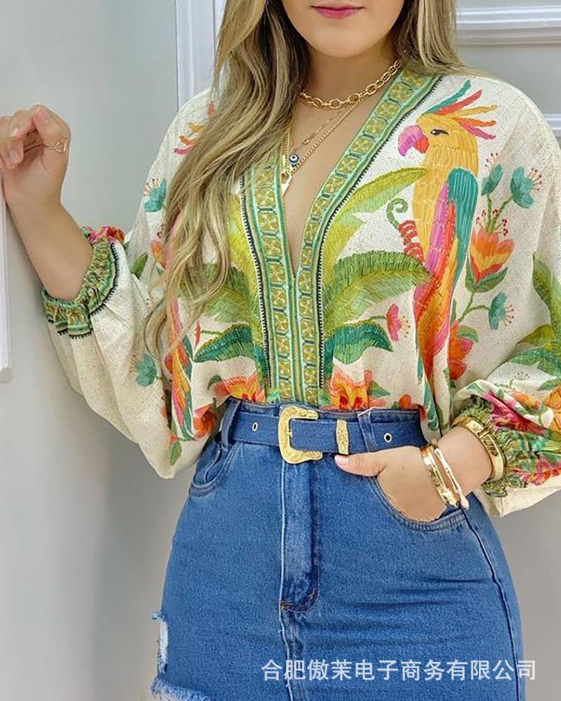 

Women' Blouses 2023 Summer Women' Animal Print V-Neck Doll Sleeve Loose Top