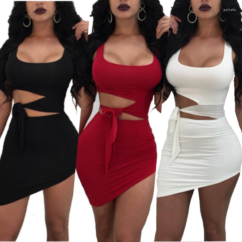 

Casual Dresses Nightclub Women' Sexy Simple Waist Hollow Knotted Sleeveless Solid Color Dress