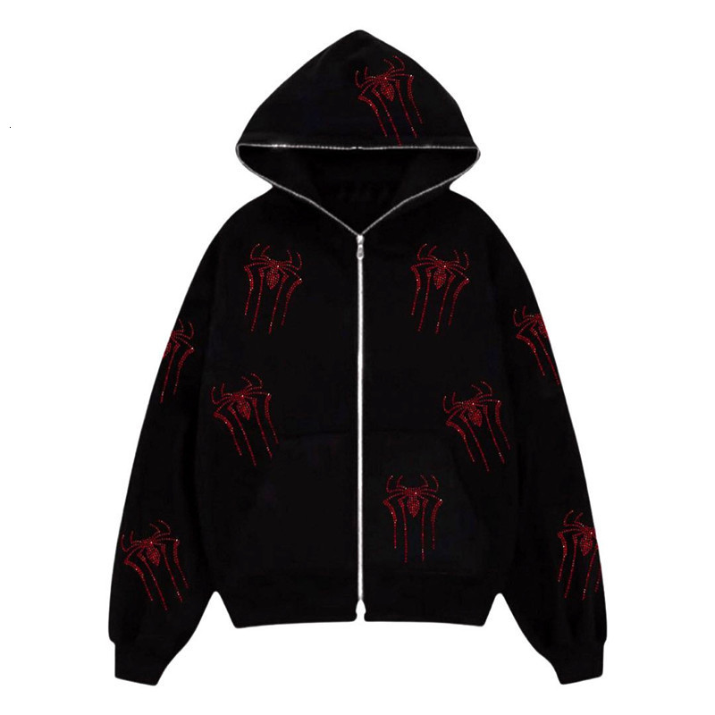 

Women's Hoodies Sweatshirts Rhinestones Red Spider Print Y2k Women Zip Up Long Sleeve Oversized Black Hoodie Gothic Punk Fashion Casual Sweatshirts 230316, 656-black