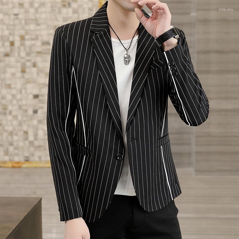 

Men's Suits Autumn Striped Men Blazers Korean Slim Fit Casual Suit Jacket Business Social Dress Coat Wedding Groom Streetwear Costume Homme, Black