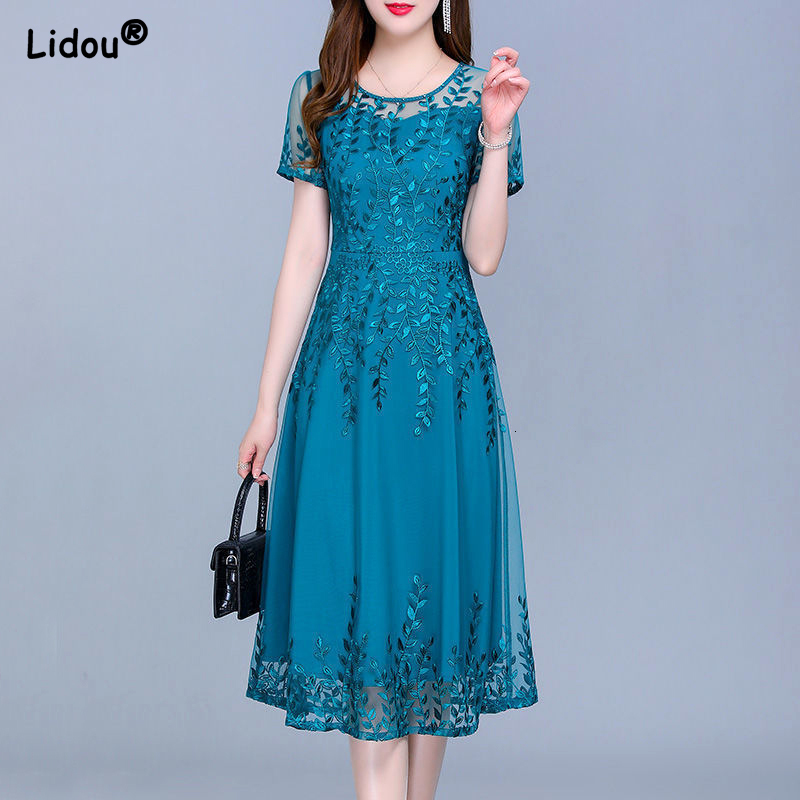 

Casual Dresses Round Neck Solid Color Temperament Dresses Embroidery Graphic Casual Women's Clothing Knee Skirts Retro Thin Summer Dignified 230316, Blue
