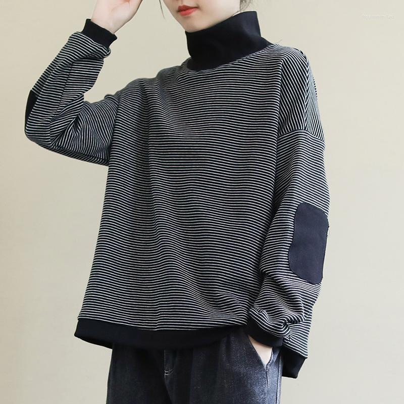 

Women's Hoodies Women Striped Sweatshirts Thicken Turtleneck Basic Patchwork Cotton Office Ladies Korean Style Fashion Vintage Artsy, Black