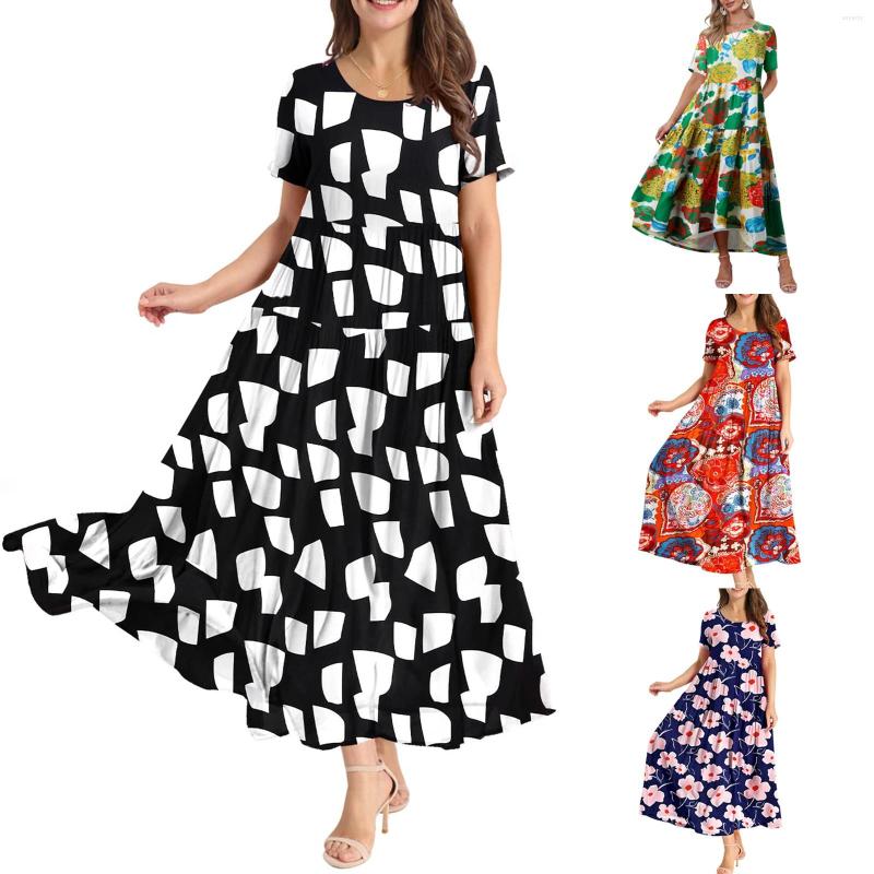 

Casual Dresses Women Loose Bohemian Floral Dress With Pockets Short Sleeve Long Maxi Summer Beach Swing, Green