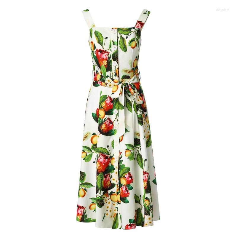 

Casual Dresses -XL High Quality 2023 Summer Printed Leaf Fruit Fresh Pattern Single-breasted Tube Top Sling Slim Woman Dress, Multi