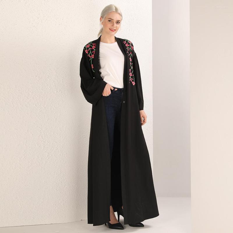 

Ethnic Clothing 2023 Middle East Women's Casual Muslim Dubai Twin Flowers Black Cardigan Gown European Abaya