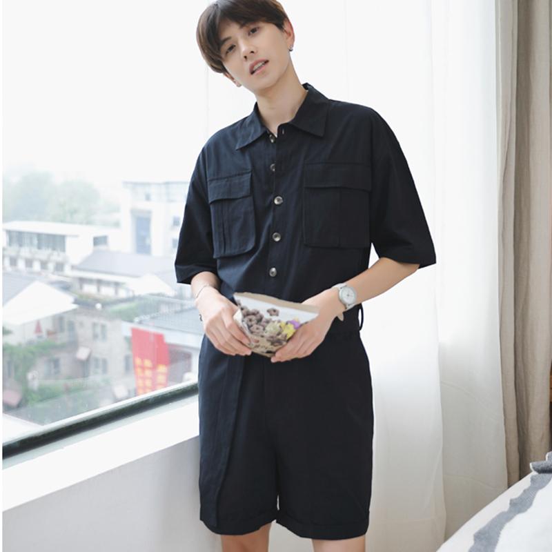 

Men's Tracksuits Cool Shirt Youth Trendy Summer One Piece Pants Dress Korean Casual Straight Tube Short Sleeve Thin Style Retro Solid Summe, Black