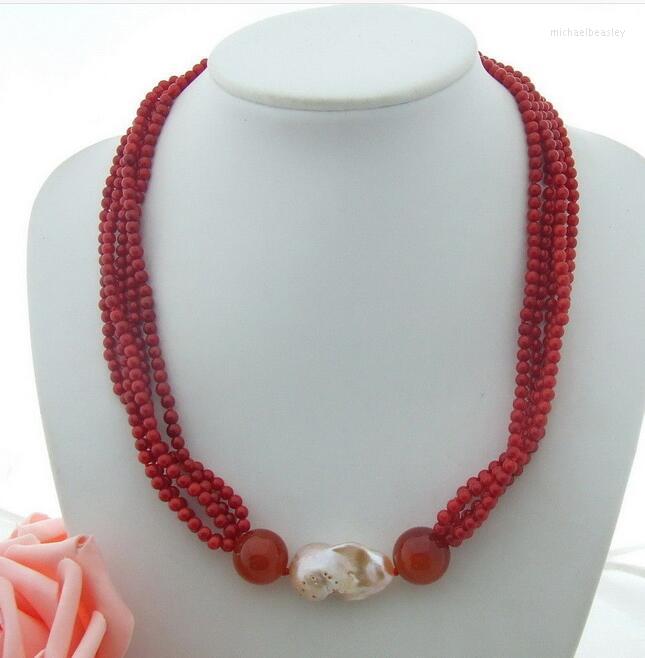 

Chains Beautiful 20" 5row Red Coral Keshi Pearl Necklace
