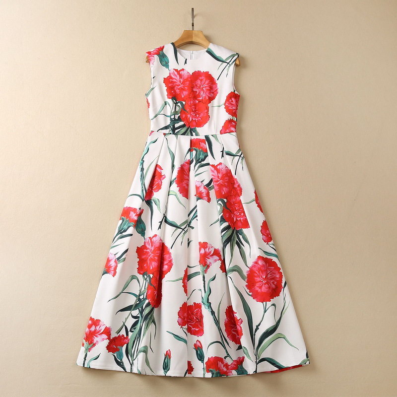 

2023 Summer Floral Carnation Print Cotton Dress Sleeveless Round Neck Peplum Midi Casual Dresses S3M160316 Plus Size XXL, Multi