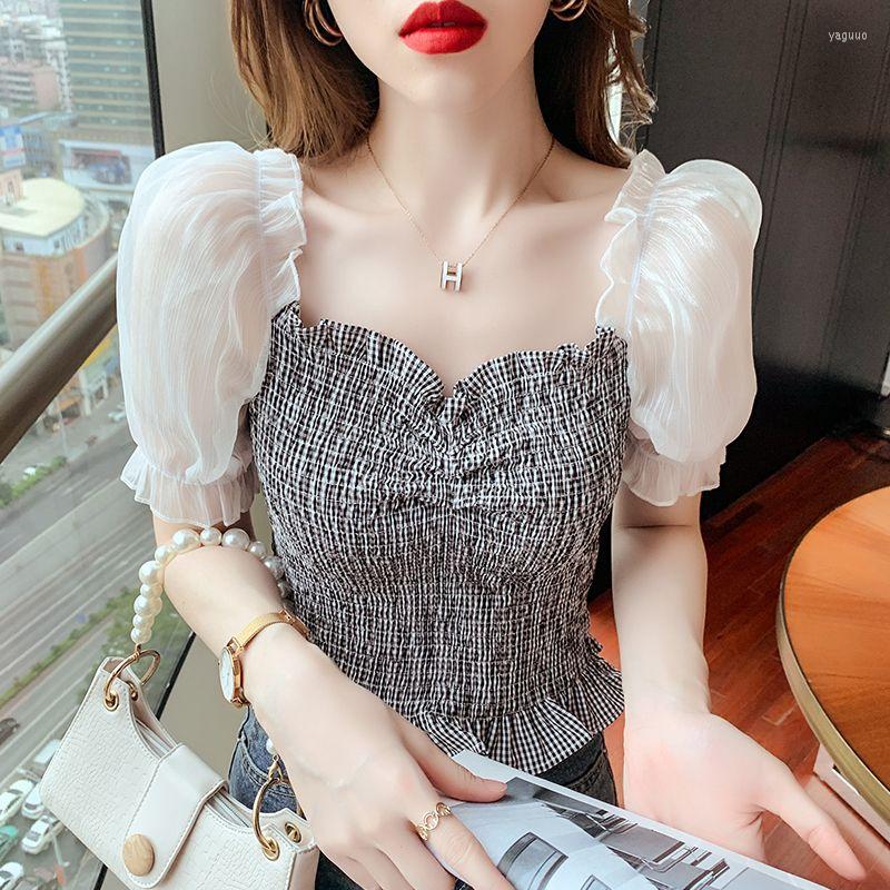 

Women' Blouses Women Patchwork Square Neck Short Sleeve Blouse Shirt Top Female Basic Tops All-match Chiffon Vintage G83, Black