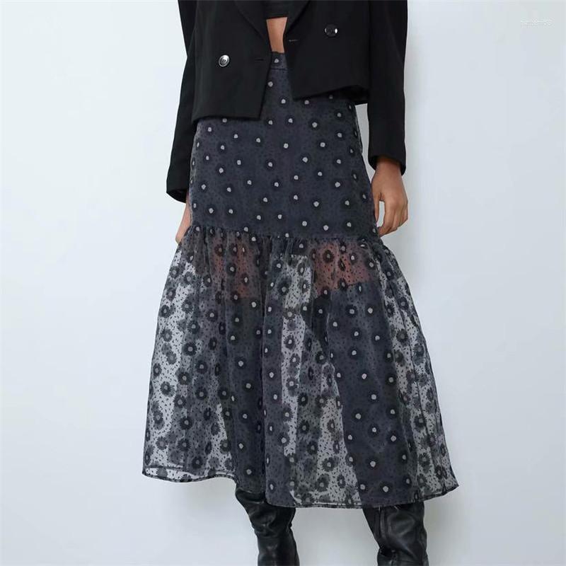 

Skirts Elastic Waist Side Zipper Women Fashion Casual A-line Skirt 2023 Ladies Organza Printed Yarn Pattern Mid-length, Black