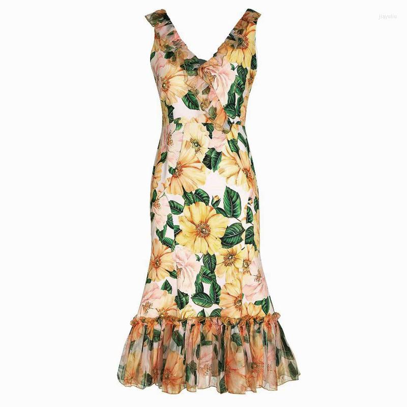 

Casual Dresses -XL High Quality 2023 Printed Front And Rear V-Neck Ruffled Sleeveless Slim Body Bag Hip Fishtail Woman Dress, Multi