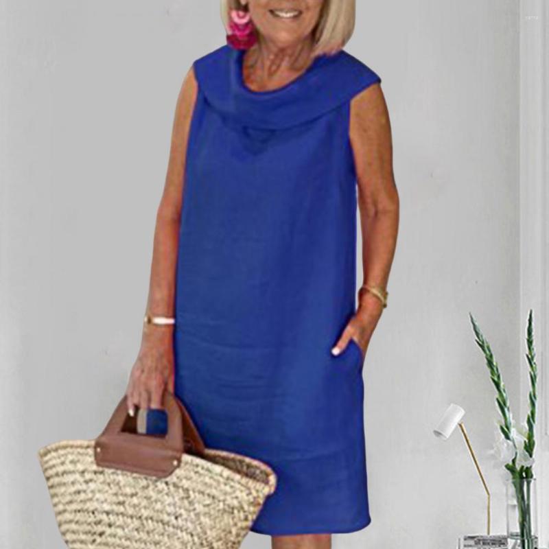 

Casual Dresses Solid Color O-Neck Scarf Collar Dress Loose Fit Sleeveless Pockets Summer Anti-pilling Knee-Length Pullover, Black