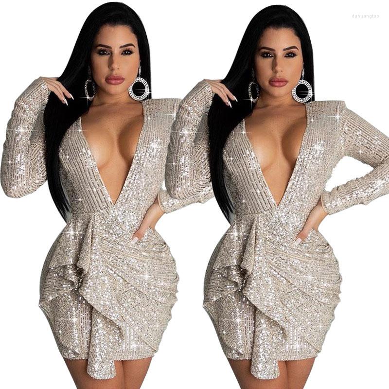 

Casual Dresses Women' Deep V-neck Backless Sequin Tight Hip Wrap Evening Dress Sexy, White